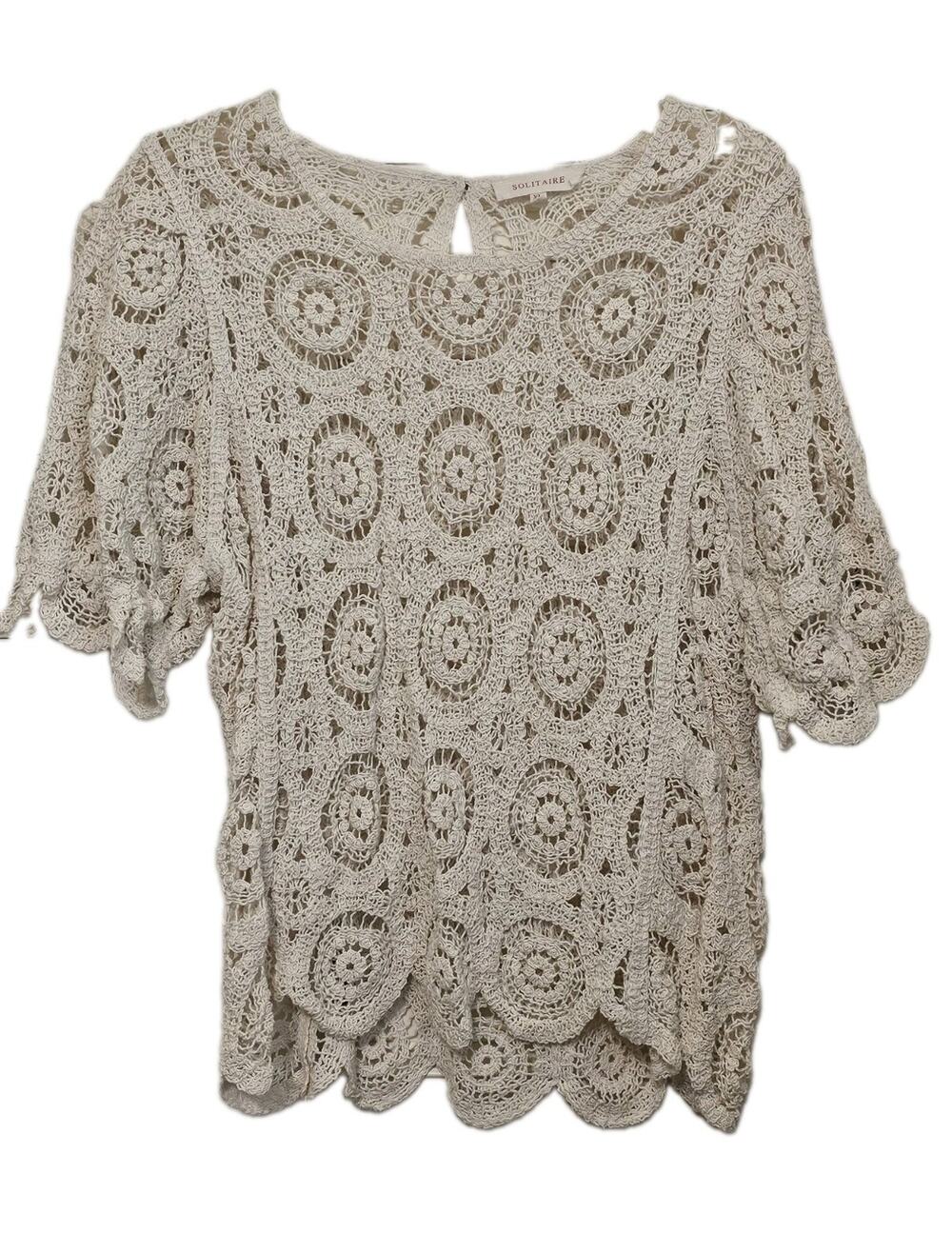SOLITAIRE Size XL Crochet Open Knit Puff Sleeve Top Medallion Boho...